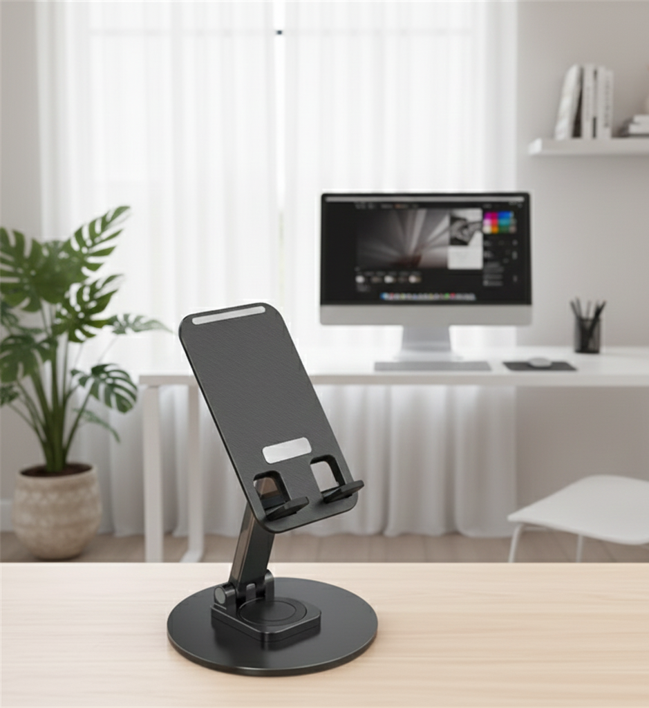 Sleek Matte Black Universal Adjustable Desktop Phone Stand for Home Gym Office and Kitchen Surface Stability